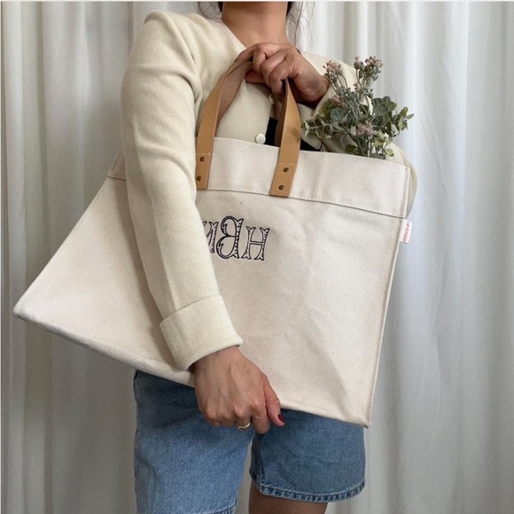 Handcrafted CB Station Cream monogram embroidered canvas tote bag. - Picture 4 of 8